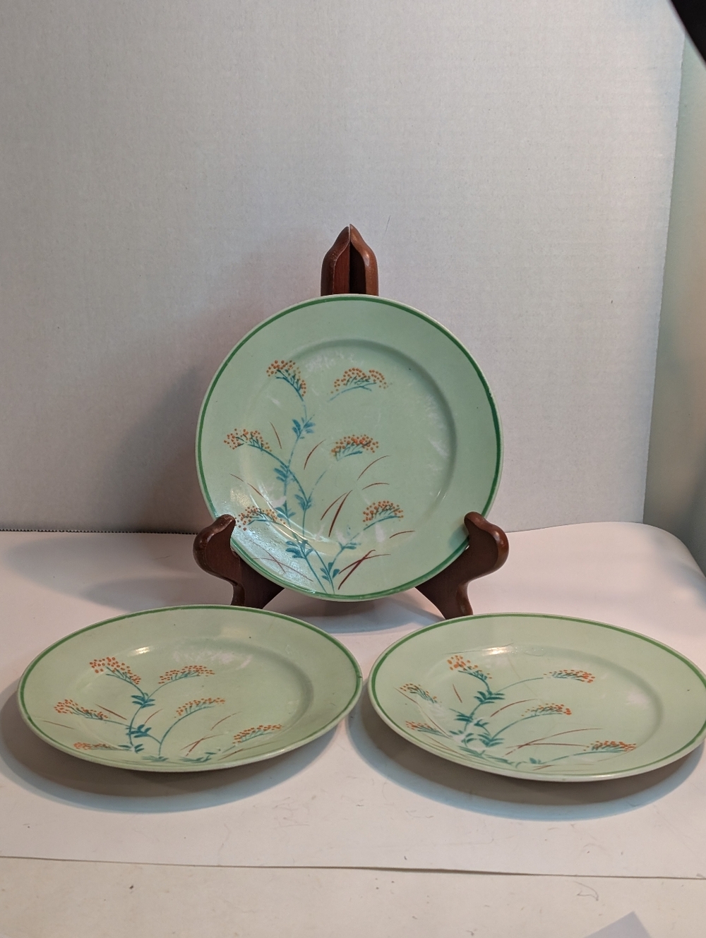 3 Vintage Takito Handpainted Japan Plates Fine Porcelain Red Stamp Flower Green